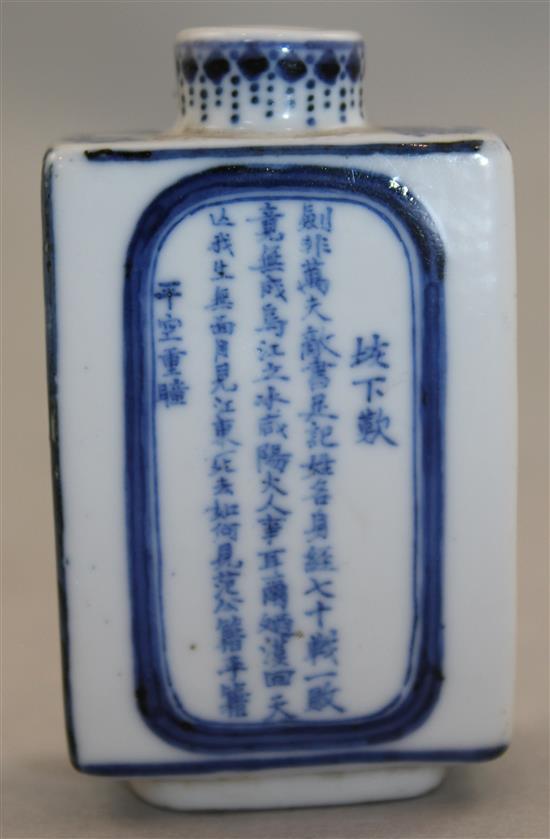 A Chinese blue and white inscribed rectangular snuff bottle, Qianlong mark, 1830-1900, 6.9cm